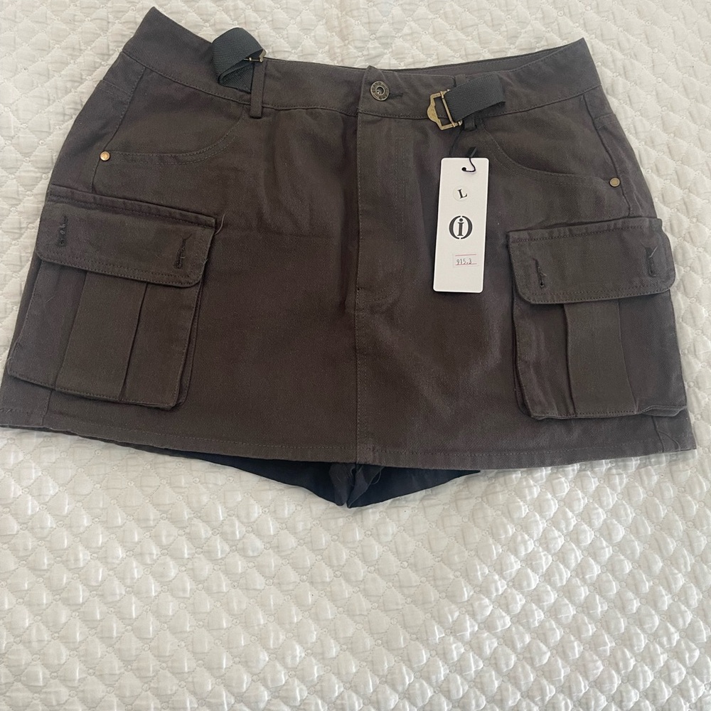 Dark Brownish Gray Mini Cargo Skirt with Pockets and built in shorts